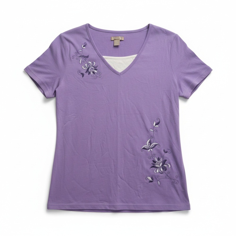White Stag Womens Purple Floral Embroidered V-Neck Top WL12129P Medium 8-10